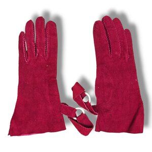 Vintage Women's Suede Gloves 6 3/4 Maroon Red With Straps